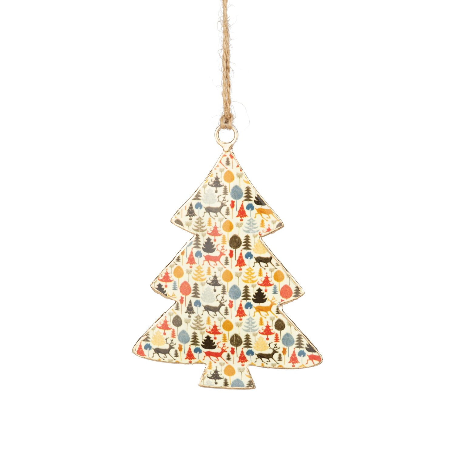 4 Asst&#39;d shaped metal ornaments, colorful miniature forest scene, 4 in  24 -Z08 -25NP -S04/25