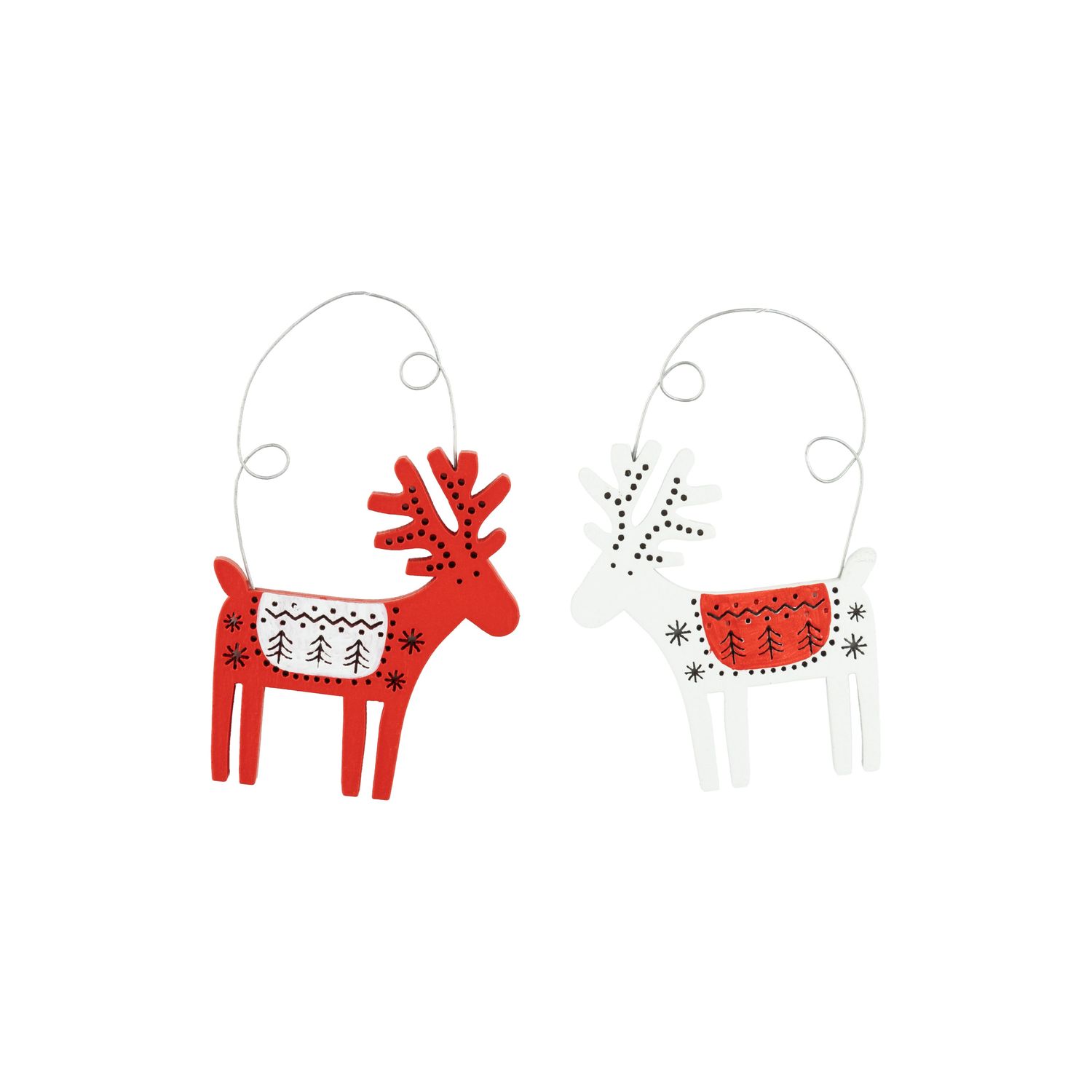 2 Asst&#39;d Painted wood reindeer ornament with wire hangers, in white and red, with Scandi pattern, 3 in  24
