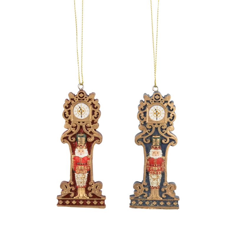 2 Asst&#39;d painted resin grandfather clock ornaments with nutcracker figures, red, blue and gold, 3.5 in  12