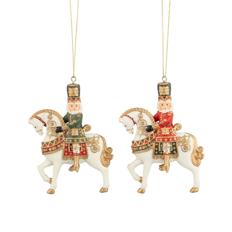2 Asst&#39;d painted resin nutcracker Santa on horse back ornaments red and green, 3 in  6