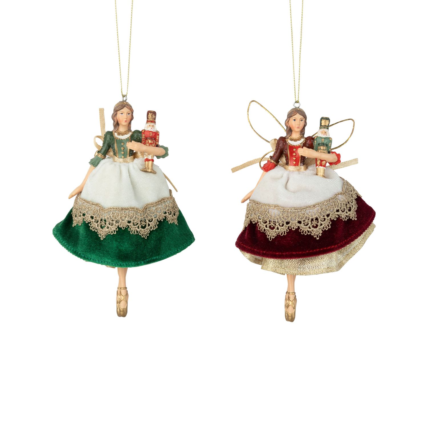 2 Asst&#39;d painted resin Clara ornament, red and green velvet dresses holding nutcracker, 6 in  6