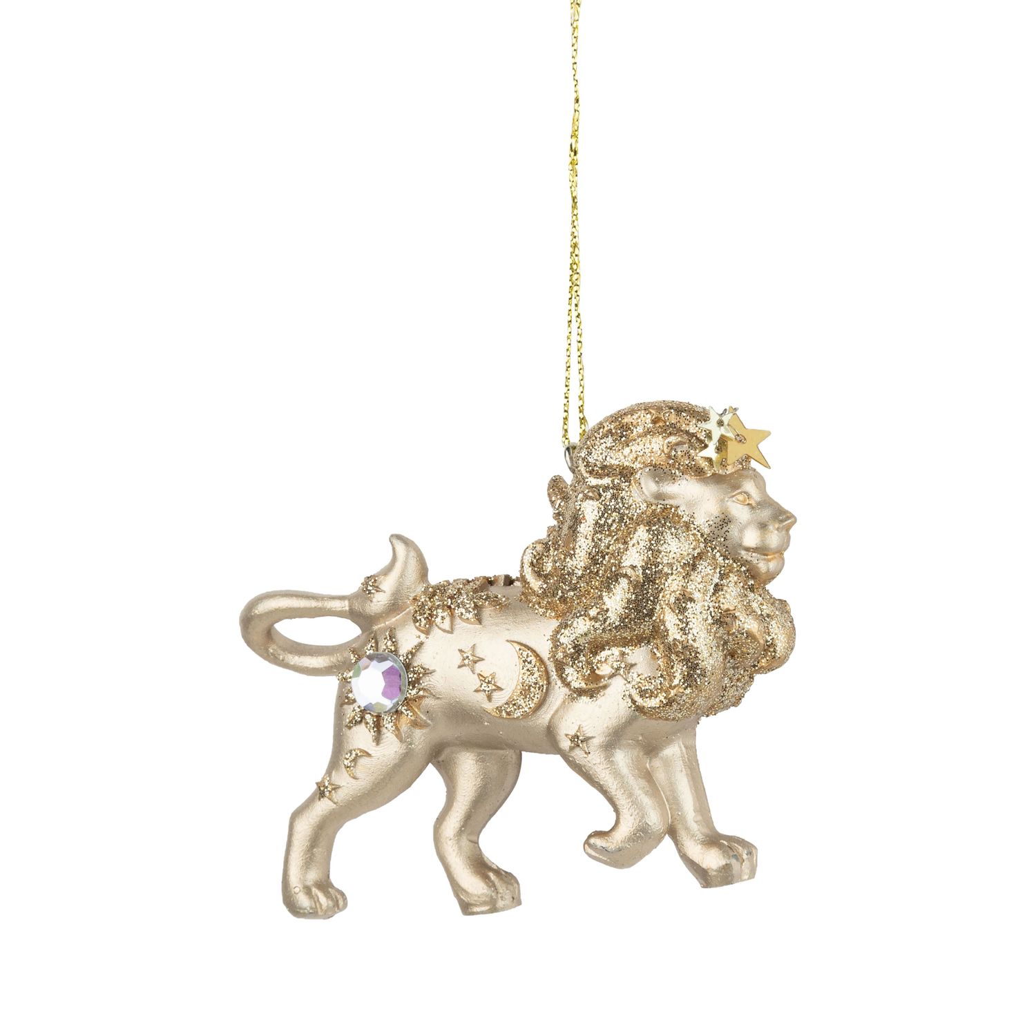 Golden resin celestial lion ornament , glittered and jeweled star pattern, 3 in  6