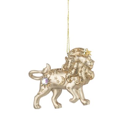 Golden resin celestial lion ornament , glittered and jeweled star pattern, 3 in  6