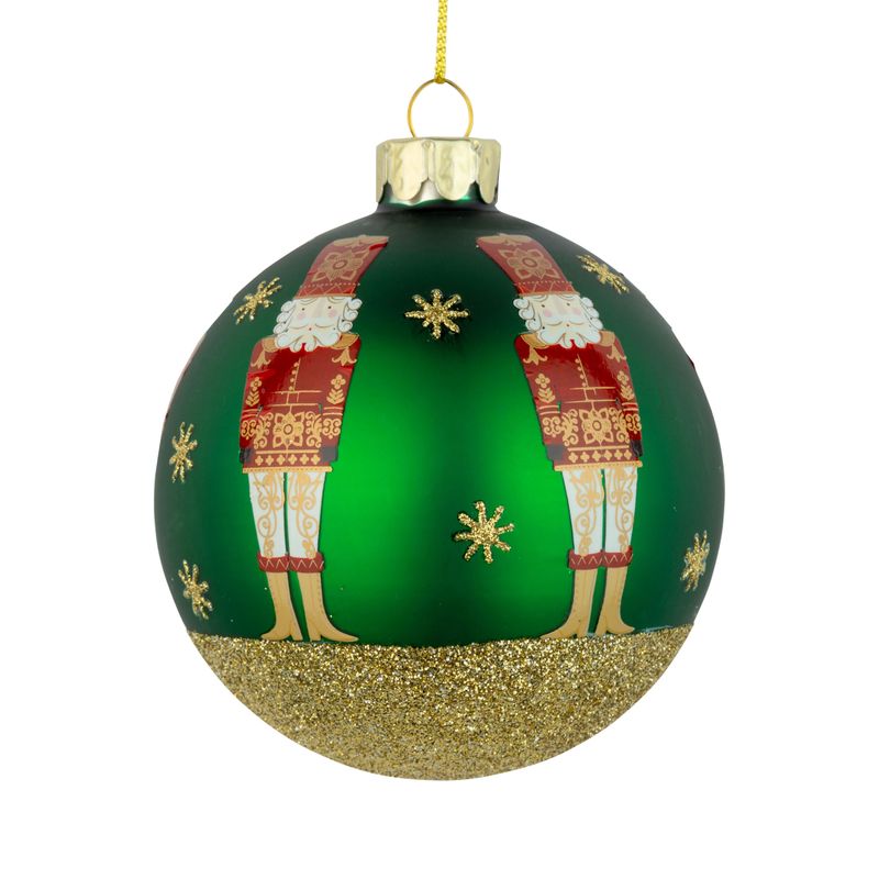 Glass ball ornament, matte dark green nutcracker gold glitter stars and base, 80mm/3 in  12