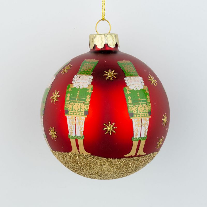 Glass ball ornament, matte dark red nutcracker, gold glitter stars and base, 80mm/3 in  12