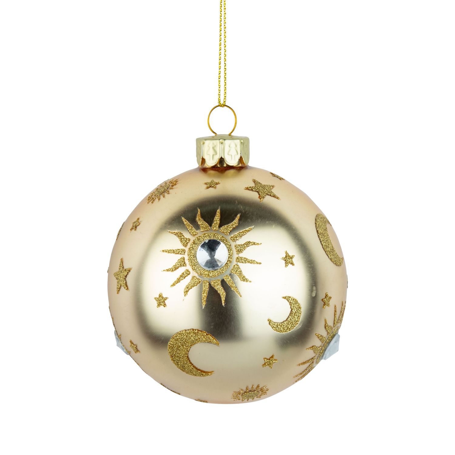 Glass ball ornament, matte gold celestial, moon &amp; stars with gem accents, 80mm/3 in  12