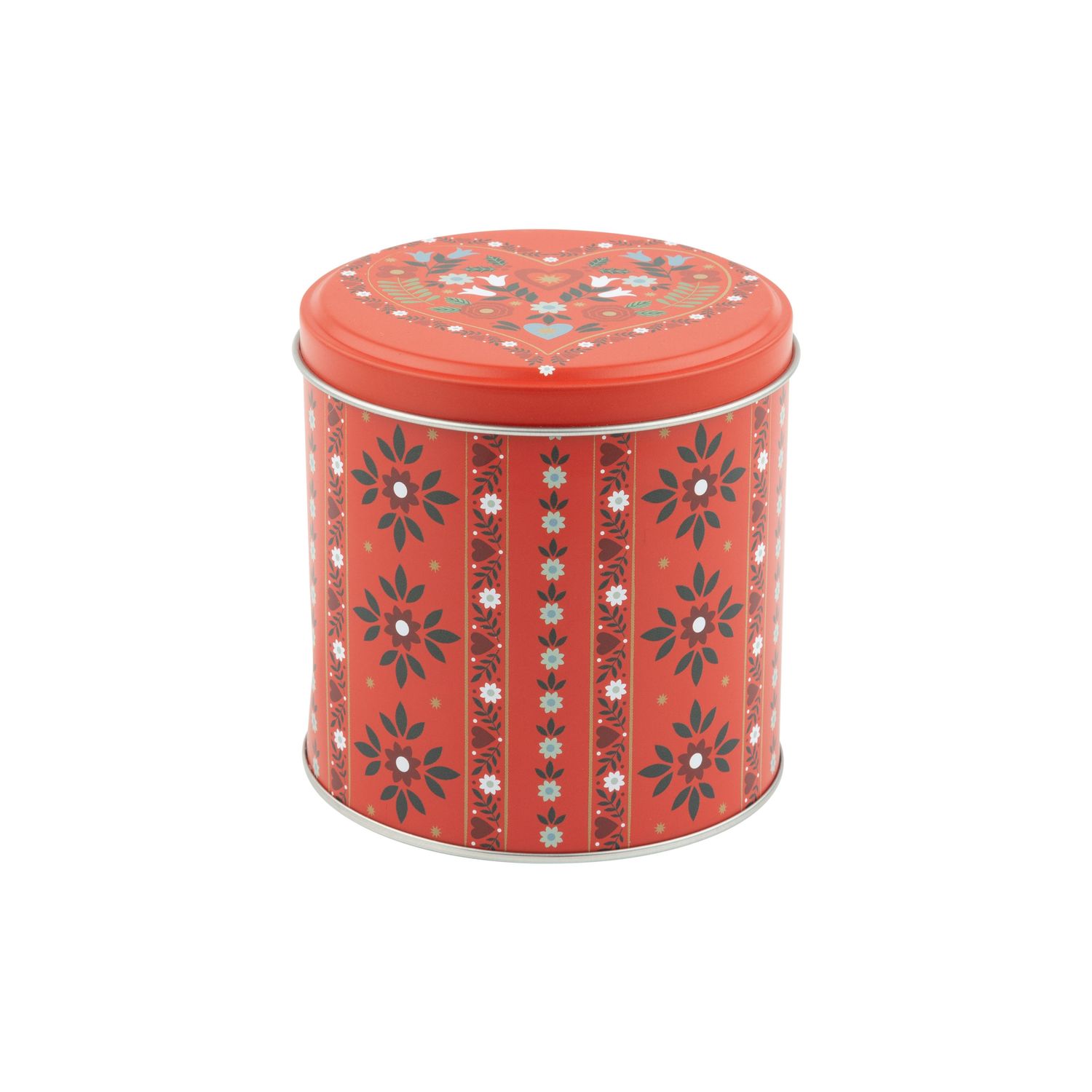 Printed tin lidded candy/cookie container, red scandi heart design, 4x4 in dia  12