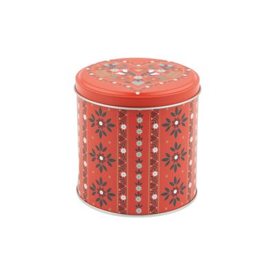 Printed tin lidded candy/cookie container, red scandi heart design, 4x4 in dia  12