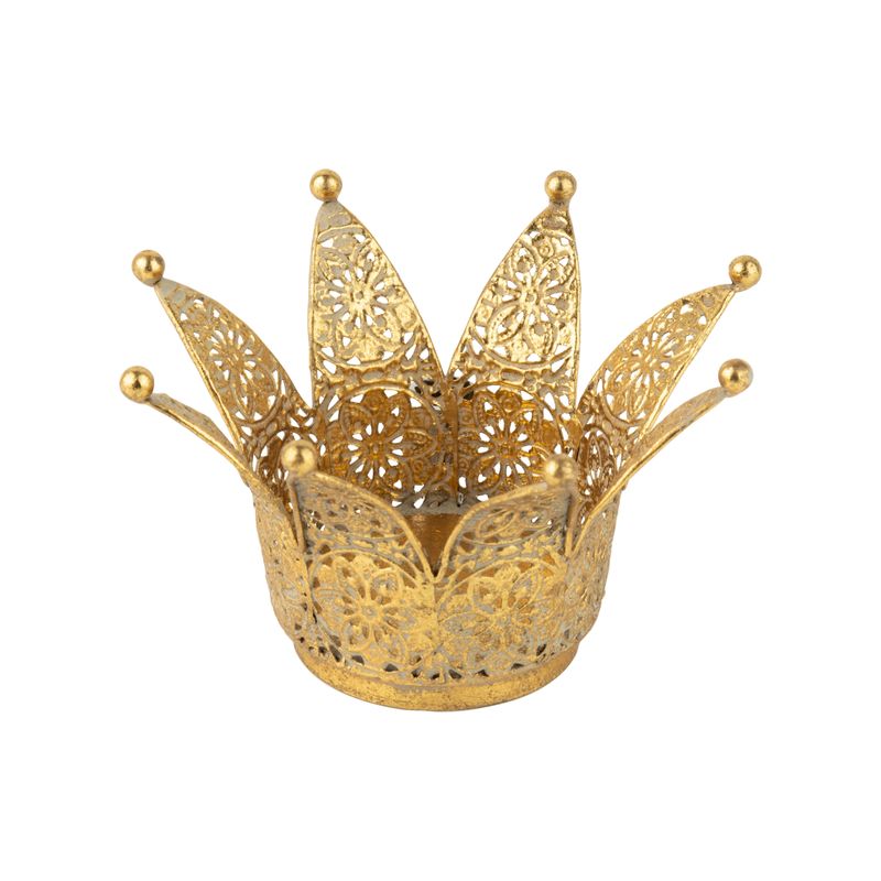 Antique gold filigree metal flared crown table piece or pillar holder, 6 in  2