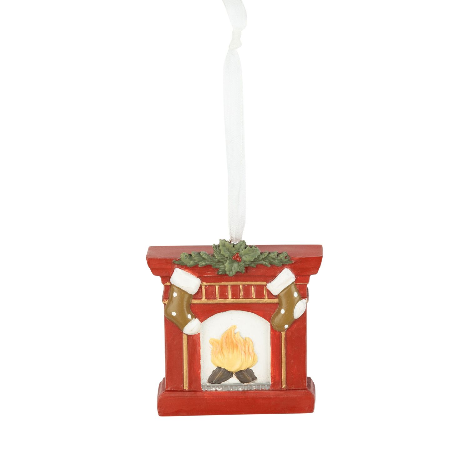 Painted resin fireplace with Christmas stocking and garland ornament, 2.5 in  12
