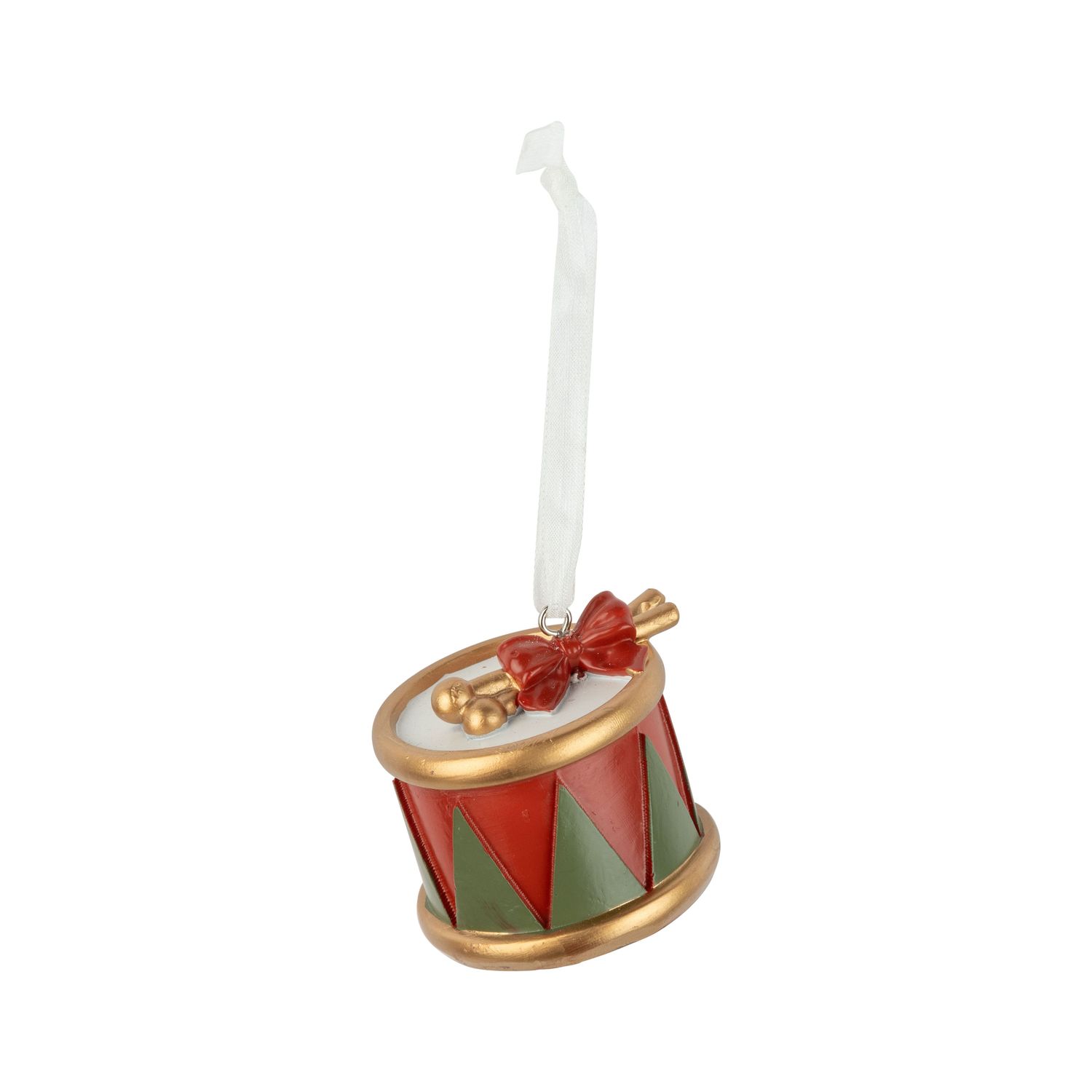 Painted resin drum ornament, bright red and green with gold accents, 2 in  12