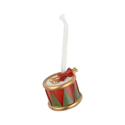 Painted resin drum ornament, bright red and green with gold accents, 2 in  12