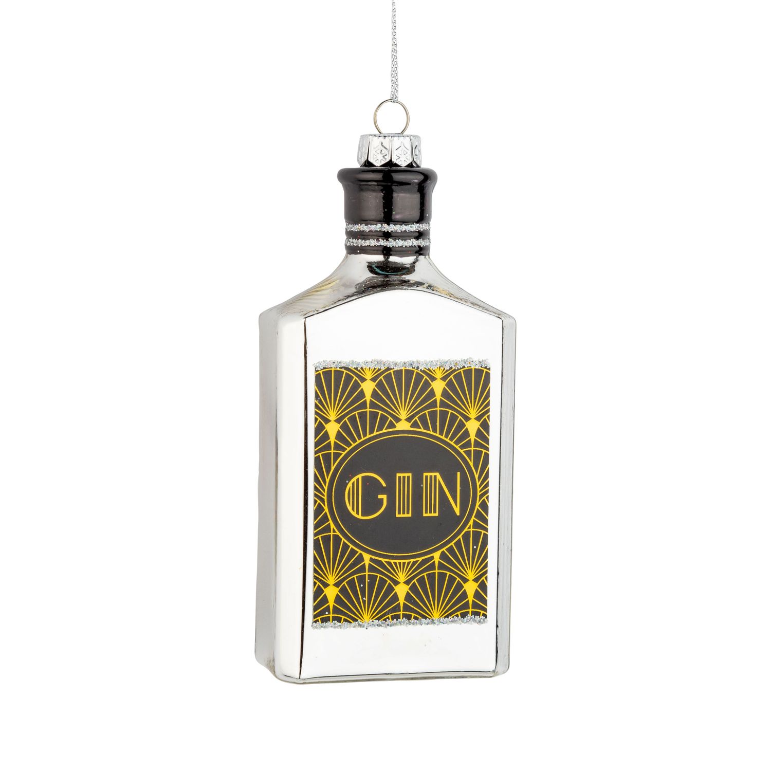 Blown glass gin bottle with art deco graphics, silver black and gold, 5 in  6