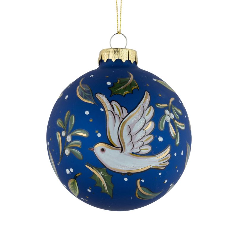 Glass ball ornament, dove of peace, gold peace joy, love script and olive branches on dark sky blue, 100 mm/4 in  6