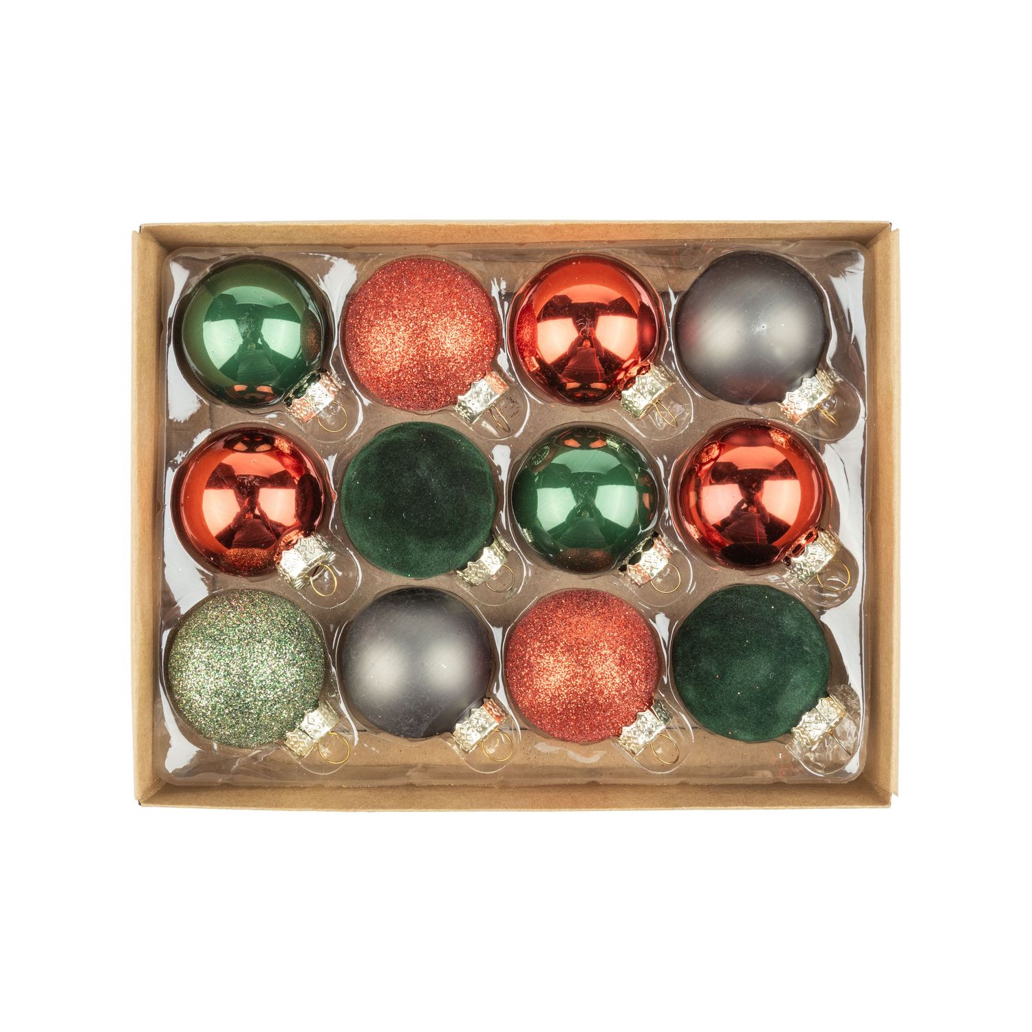 Set of 12 glass ball ornaments, shiny, matte, glitter and flock red &amp; green in paper box with plastic insert, each ball 45 mm/1.5 in  6