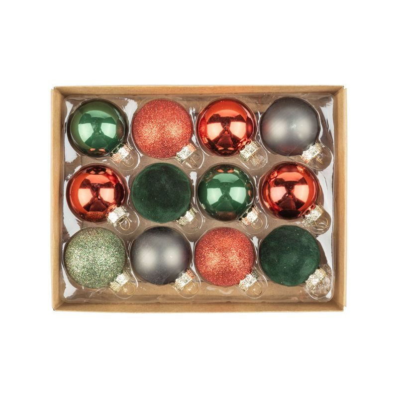 Set of 12 glass ball ornaments, shiny, matte, glitter and flock red &amp; green in paper box with plastic insert, each ball 45 mm/1.5 in  6