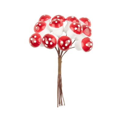 Cluster of 12 tiny red and white mushroom picks, 4 in  24