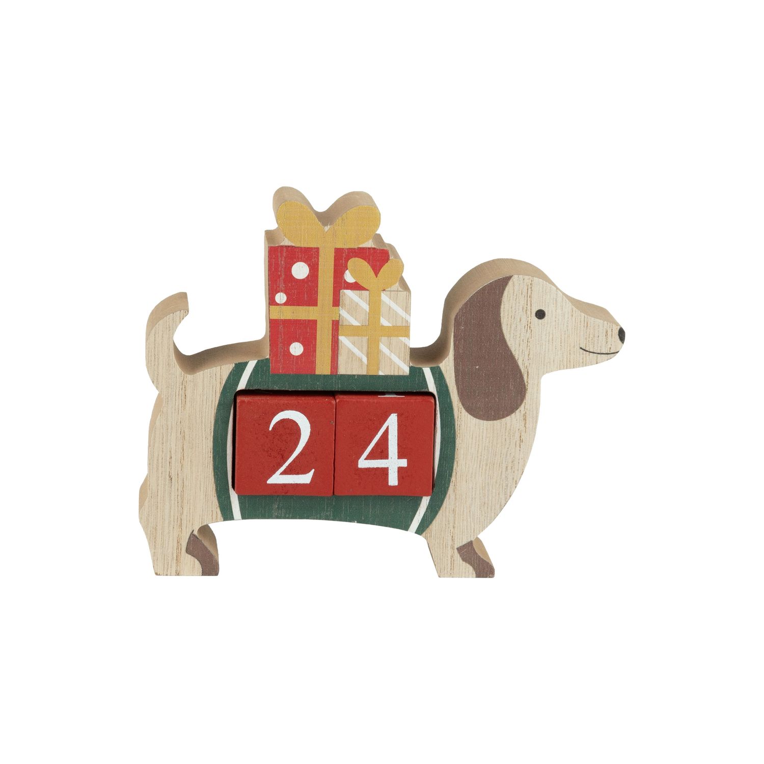 Printed wood dog block advent calendar, green outfit and gifts on back, 5.25 in  4