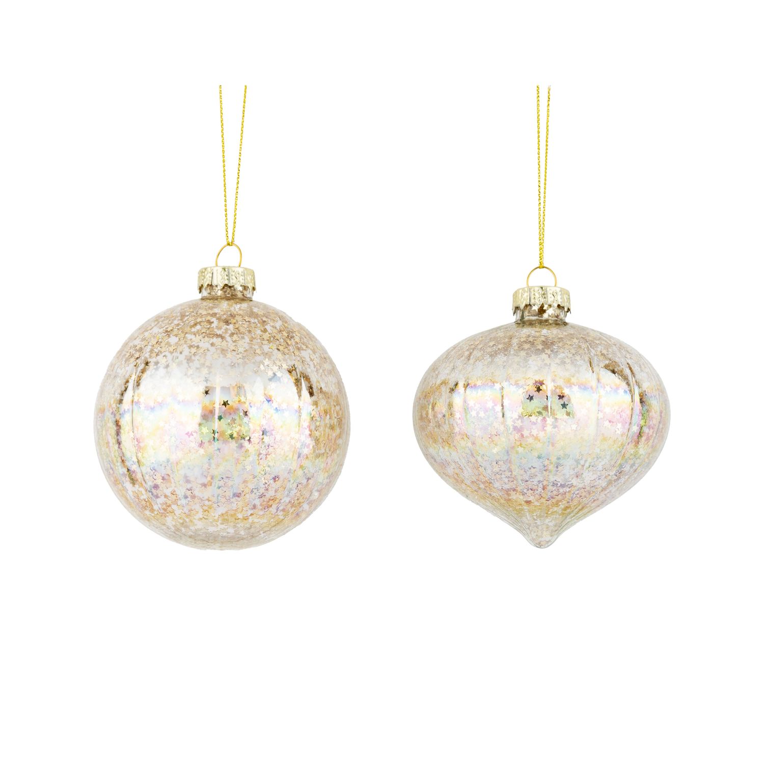 2 Asst&#39;d glass ball ornaments, clear with interior gold star confetti, 3 in  12