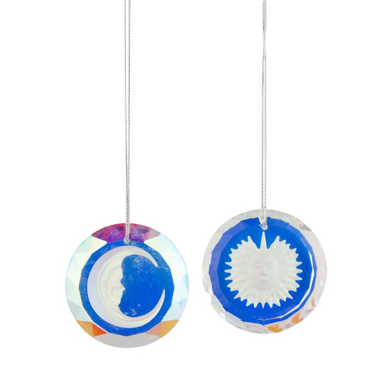 2 Asst&#39;d clear iridescent etched glass disks with sun and moon, 2 in  12