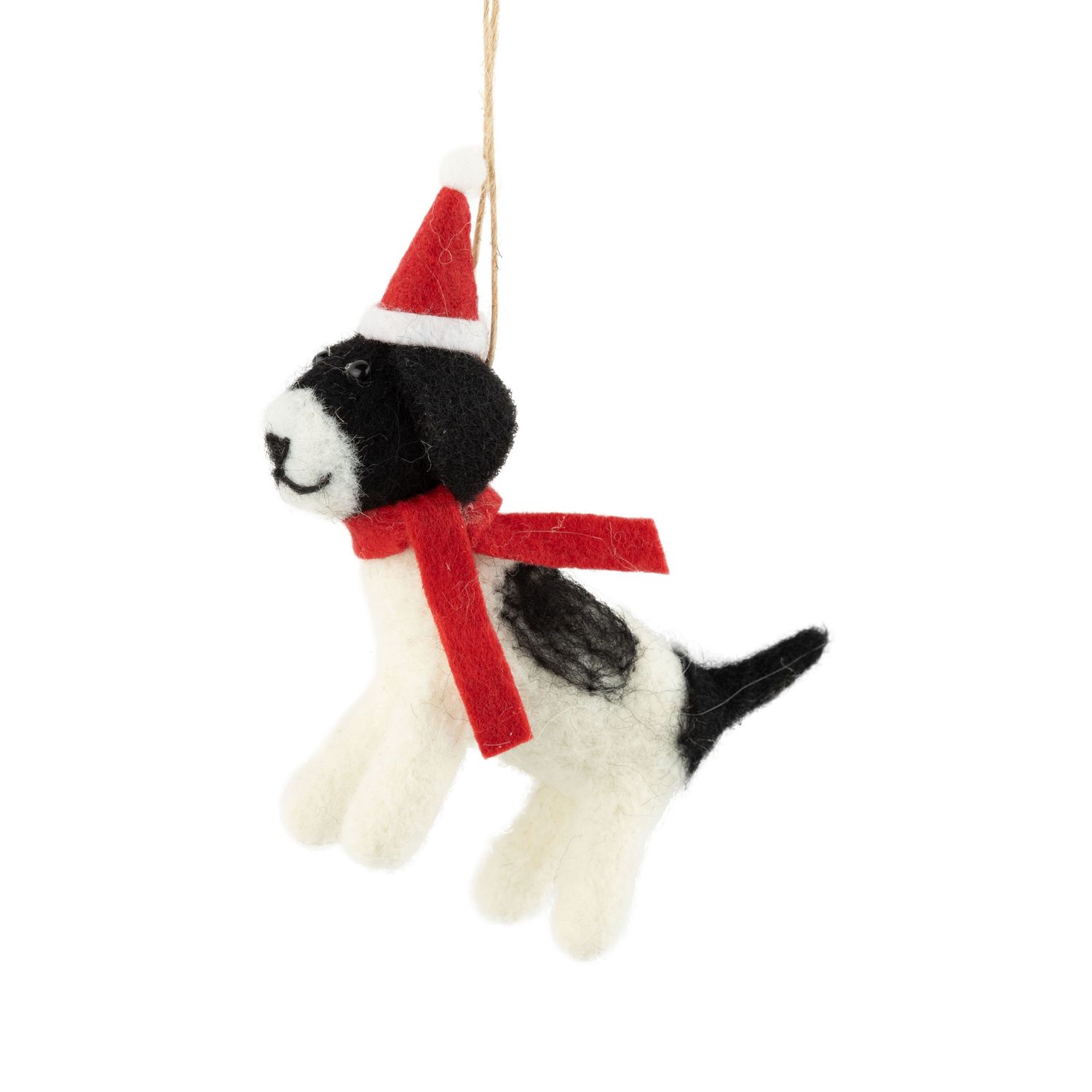 Felt white and black dog ornament with Santa hat and red scarf, 4.25 in  12