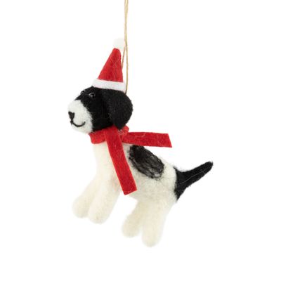 Felt white and black dog ornament with Santa hat and red scarf, 4.25 in  12