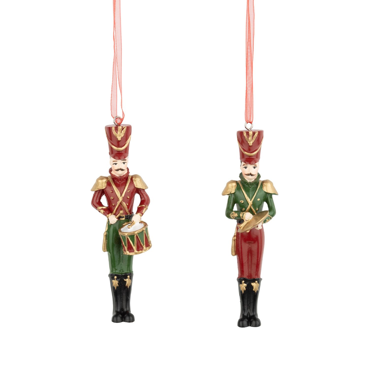 2 Asst’d painted resin tall nutcracker ornaments: red and green outfits with musical instruments, 4.75 in