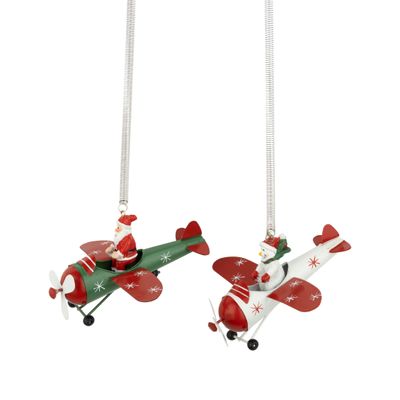 2 Asst&#39;d metal bi-plane on spring ornaments, red and white Santa and snowman, 5.5 in  12