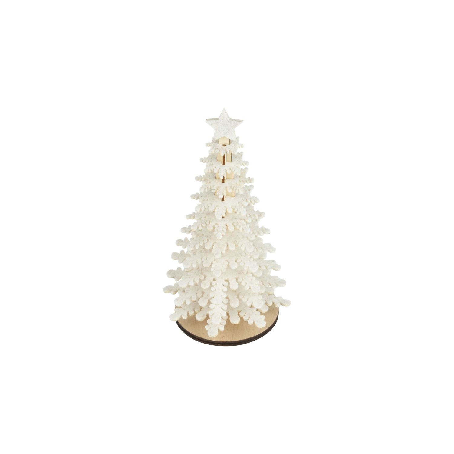 Beige layered felt snowflake tree on wood base with star topper, 10 in  6