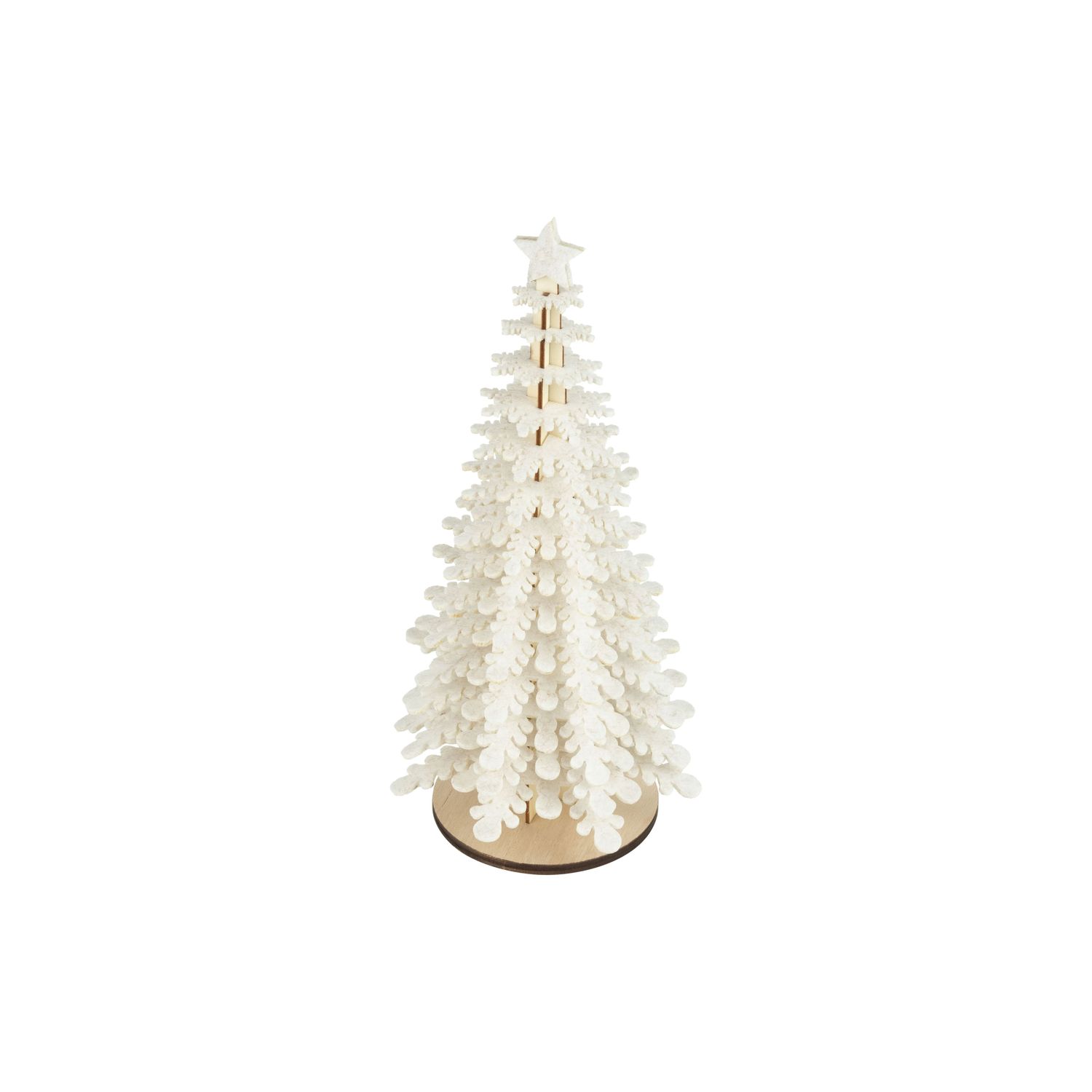 Beige layered felt snowflake tree on wood base with star topper, 12 in  4