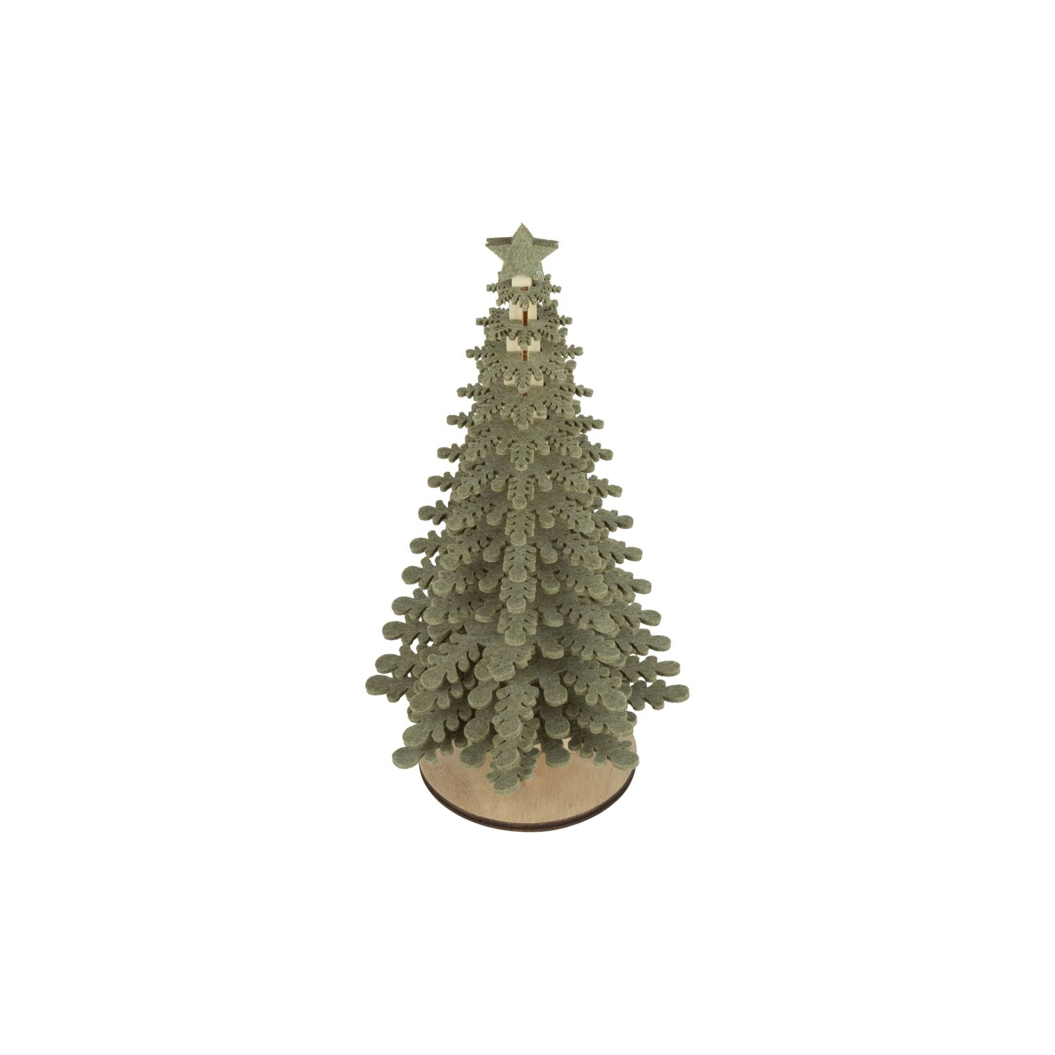 Green layered felt snowflake tree on wood base with star topper, 12 in  4