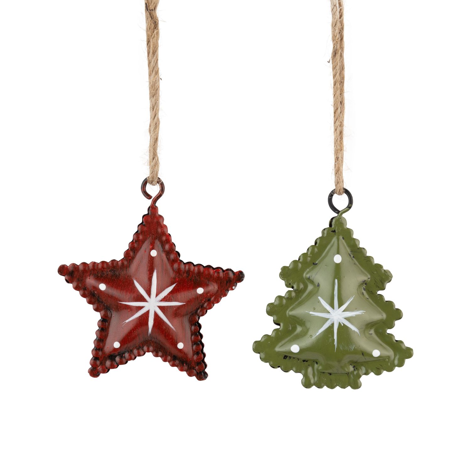 2 Asst&#39;d red star and green painted metal tree with white star, 2 in  24