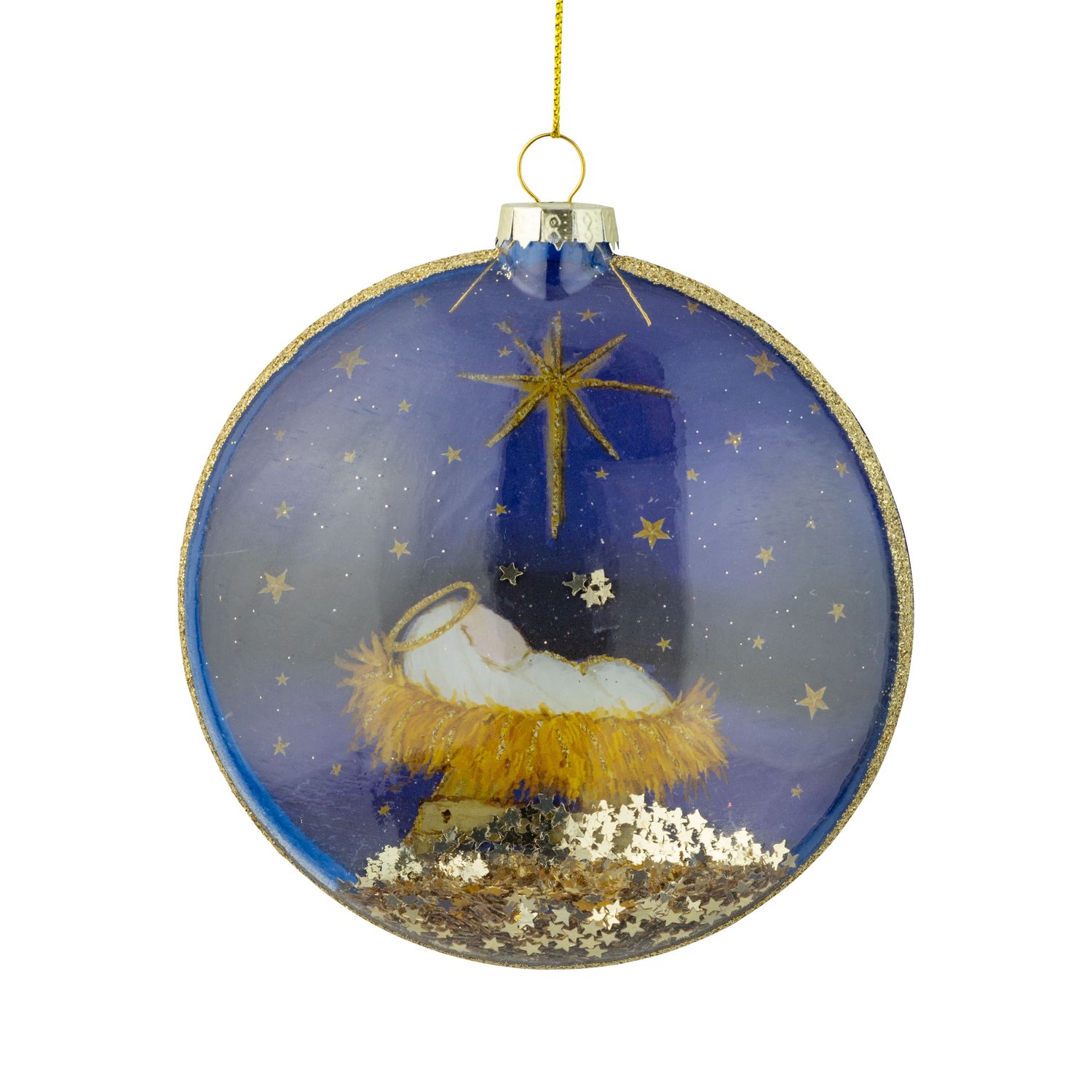 Glass disk nativity scene ornament, clear with blue and gold painted scene, 4.75 in  6