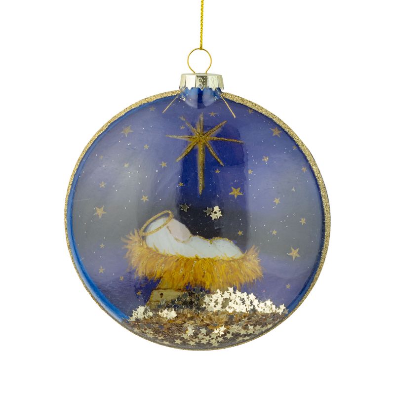 Glass disk nativity scene ornament, clear with blue and gold painted scene, 4.75 in  6