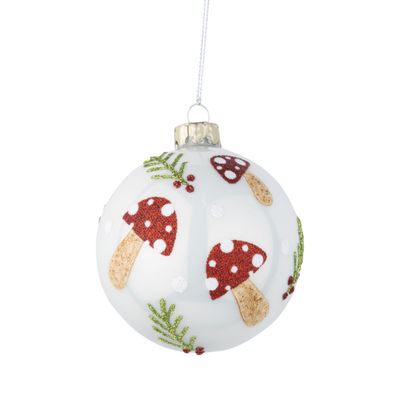 Glass ball ornament, white with mushrooms red and green details, 80mm/3 in  12
