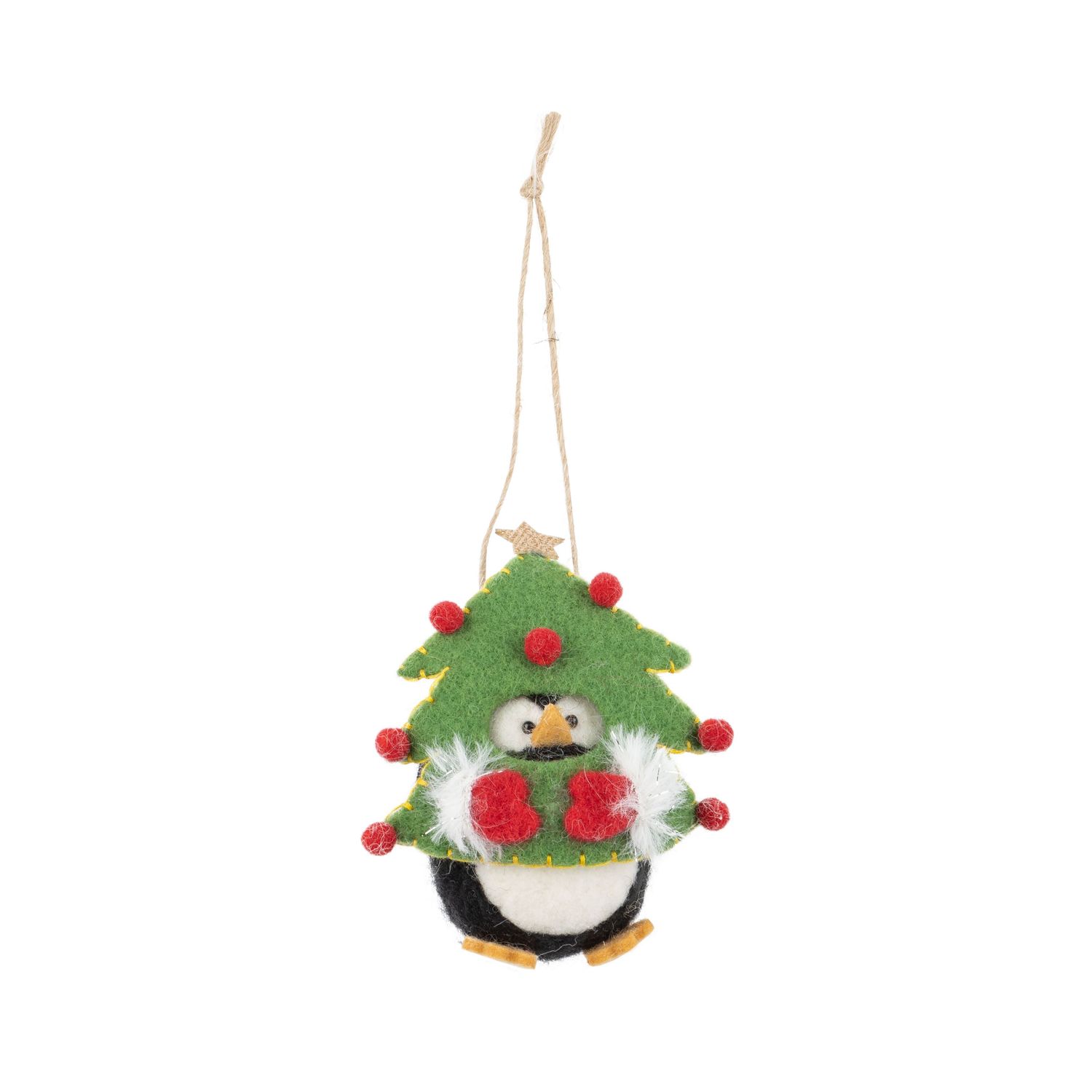 Felt penguin ornament dressed as a Christmas tree with red baubles and a star topper, 4 in  8