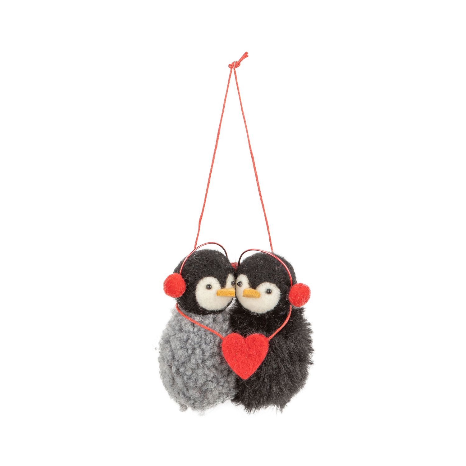 Felt penguin couple ornament, boucle fabric with earmuffs and red heart, 3.5 in  6