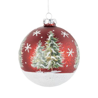 Glass ball ornament, matte red with tree motif and white glitter 100 mm/4 in  12