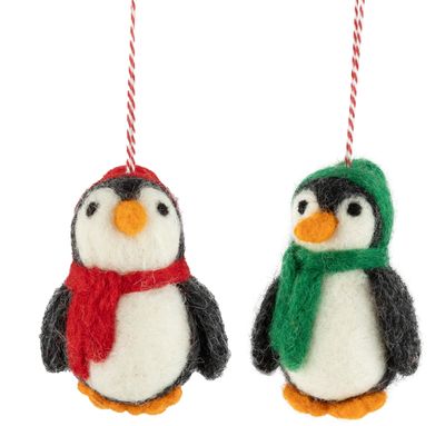 2 Asst&#39;d felt penguins ornaments, red and green scarves and hats, 3.25 in  12