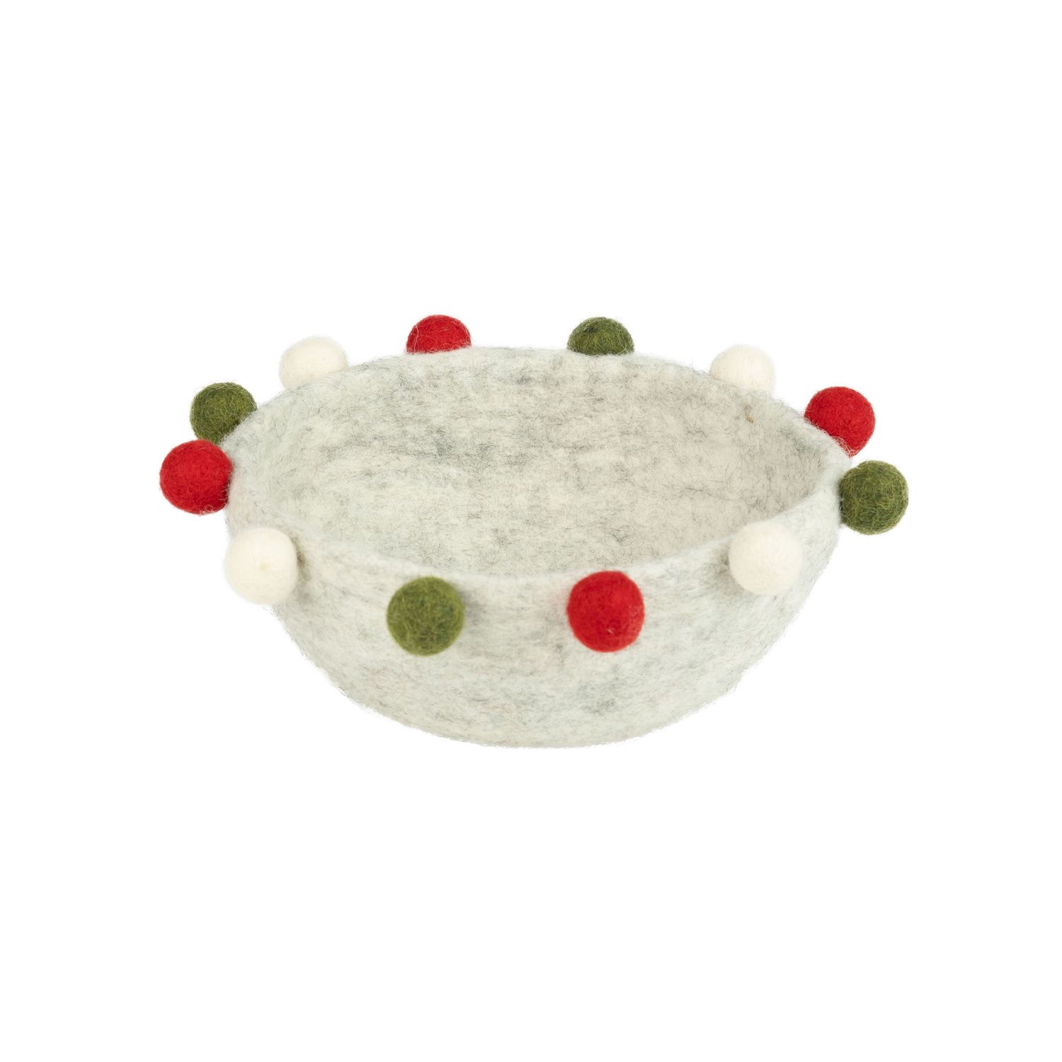 Felt bowl, gray with red, green, and white pompom trim, 7 in  6
