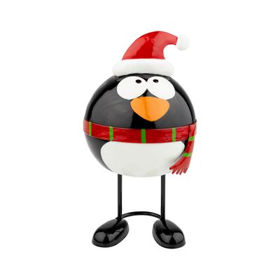 Metal penguin table piece with Santa hat, black legs, red and green scarf, 8 in  6