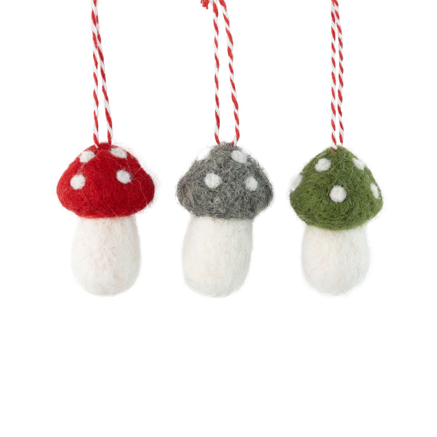 3 Asst&#39;d felt mushroom ornaments in red, grey and green, 2.2 in  24