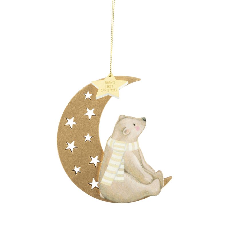 Painted wood bear sitting on crescent moons with a star, gold and white, 4 in  12