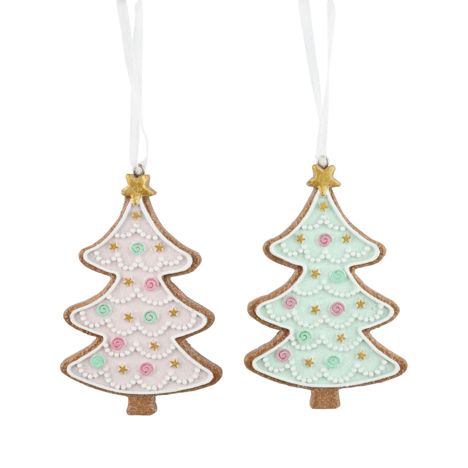 2 Asst&#39;d resin gingerbread cookie tree ornament, pastel pink and green frosted glitter finish, 4 in  12