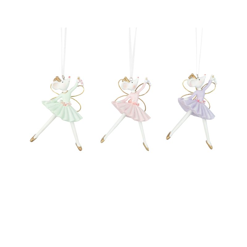 3 Asst&#39;d resin ballerina mice ornament, pastel pink, purple, green dresses, gold crowns, and shoes, 3.5 in  12