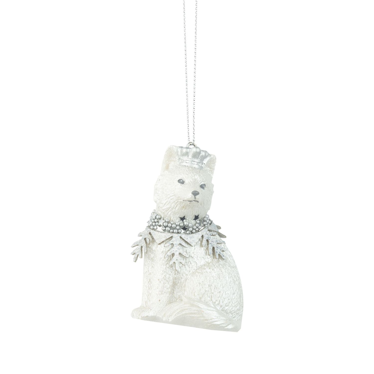 Pearl white resin arctic fox ornament, silver bead and branch collar, 3 in  6
