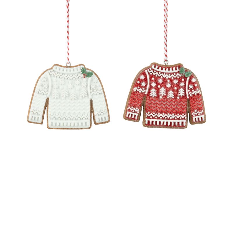 2 Asst&#39;d resin gingerbread sweater cookie ornaments, red/white, Nordic patterns, frost glitter finish, 2.5x3 in  12