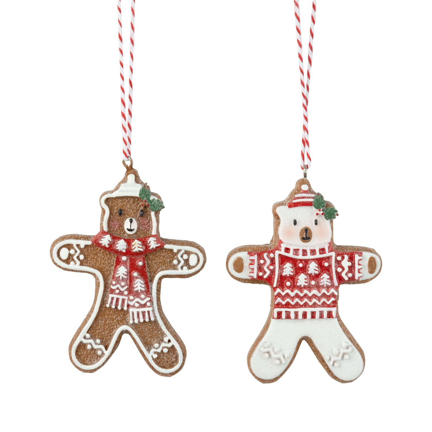2 Asst&#39;d resin gingerbread teddy bear cookie ornaments, red/white scarves and sweaters, frost glitter finish, 3.5 in  12