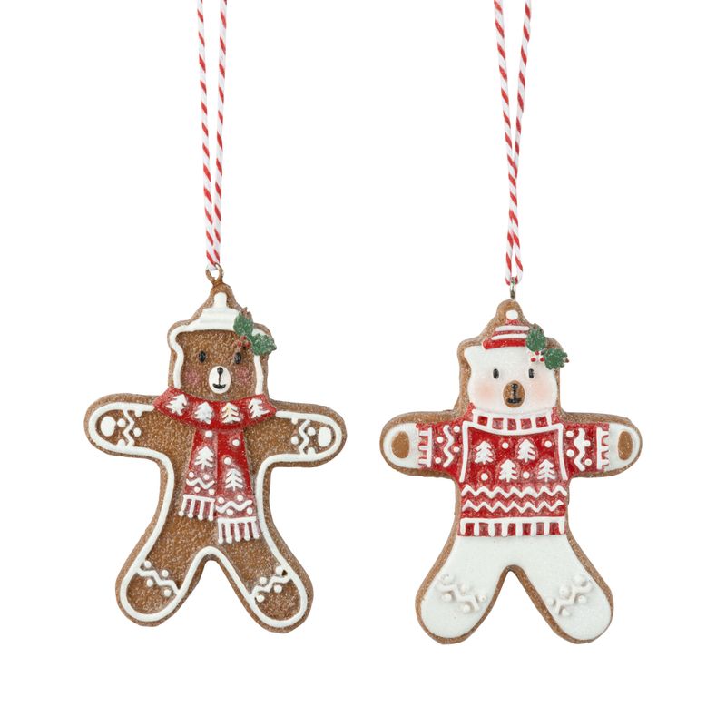 2 Asst&#39;d resin gingerbread teddy bear cookie ornaments, red/white scarves and sweaters, frost glitter finish, 3.5 in  12