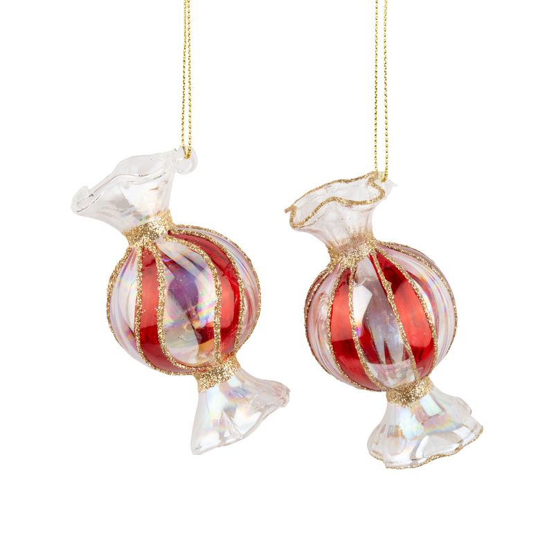 2 Asst&#39;d glass candy ornaments, red/white, candy swirl design, 3.5 in  12